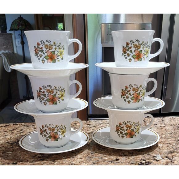 Vintage Corelle Corning Indian Summer Cups & Saucers (Set of 6) - Picture 1 of 11